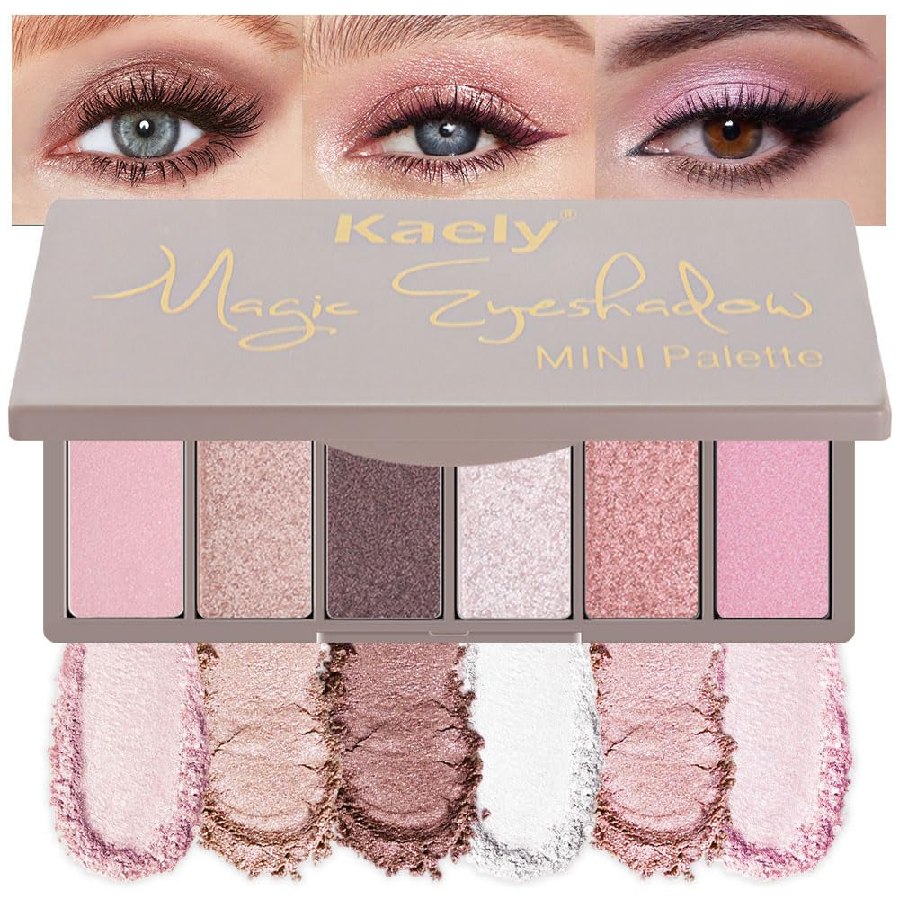 Kaely 6 Colors Mini Rose Pink Eye Shadow Palette Makeup, Mauve Plum Matte Shimmer Eyeshadow Palette for Older Women Highly Pigmented Waterproof, Paleta De Sombras De Ojos, Vegan & Cruelty-Free, 04