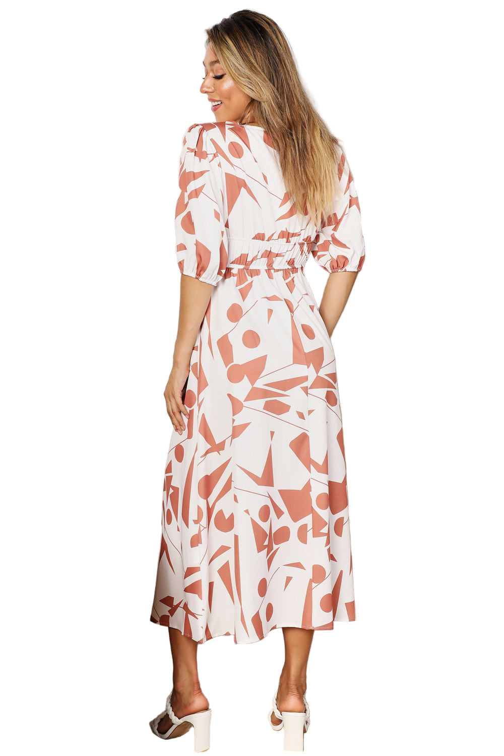 Women's Casual Midi Dress Printed Balloon Sleeve Wrap Dress Rust and White Short-Sleeve Fit