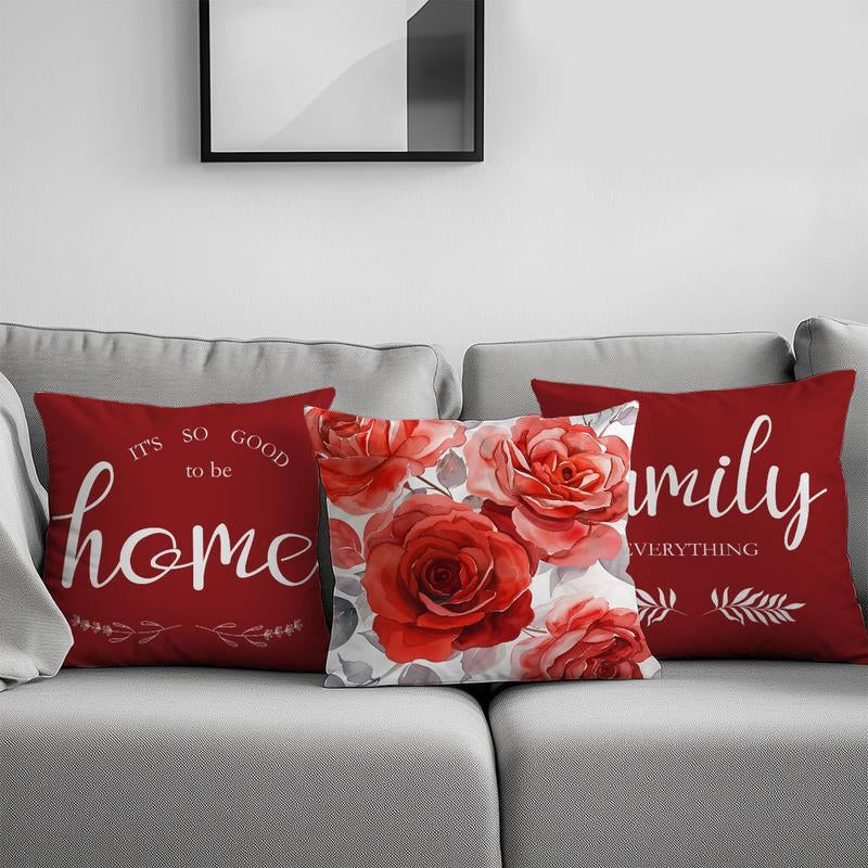 4Pcs, Contemporary Style Throw Pillow Covers, Red Floral & Bicycle Watercolor Design, Decorative Cushion Cases for Living Room Sofa & Bedroom - Home Series, Single Sided Printing, No Pillow Core