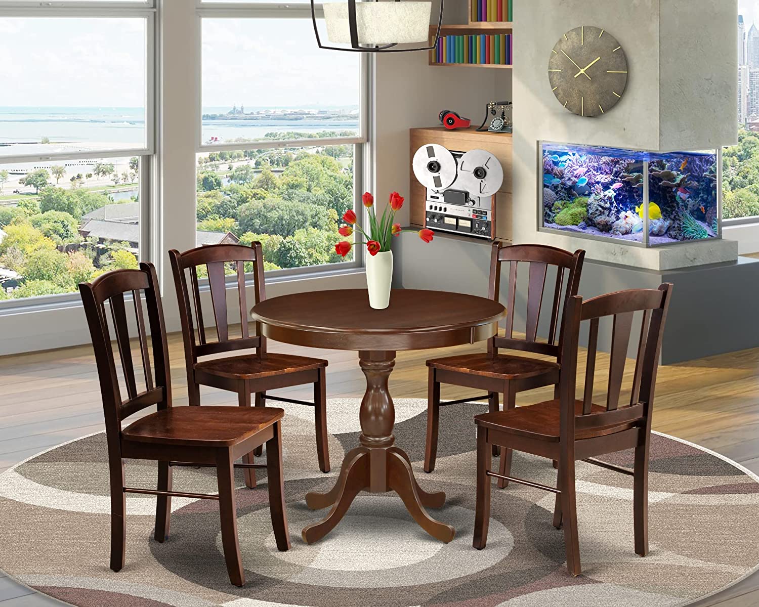 EAST WEST FURNITURE - AMDL5-MAH-W - 5-Piece Modern Dining Set- 4 Dining Chair and Wood Dining Table - Wooden Seat and Slatted Chair Back - Mahogany Finish