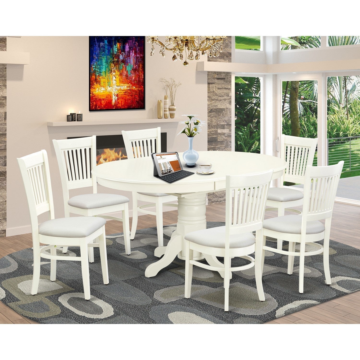 EAST WEST FURNITURE - AVVA7-LWH-C - 7-Piece Dining Table Set- 6 Dining Chairs with Linen Fabric Seat and Slatted Chair Back - Removable leaf Modern Oval Dining Table - linen white Finish