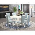 EAST WEST FURNITURE - AVVE7-LWH-15 - 7 Piece Dining Room Table Set - 6 Baby Blue Linen Fabric Dining Room Chairs with High Back and 1 Oval Dining Table - Removable leaf - linen white Finish