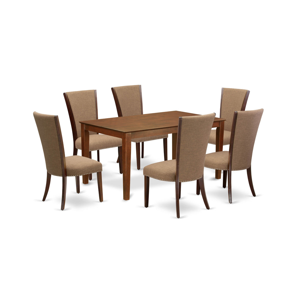 EAST WEST FURNITURE - CAVE7-MAH-47 - 7 Pc Modern Dining Table Set - 6 Light Sable Linen Fabric Kitchen Chairs with High Back and 1 Dining Table - Mahogany Finish