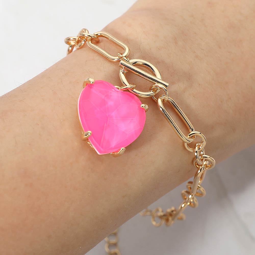 Chunky Heart Stone Cluster Toggle Charm Bracelet