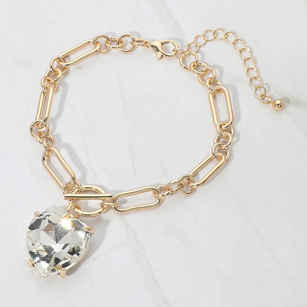 Chunky Heart Stone Cluster Toggle Charm Bracelet