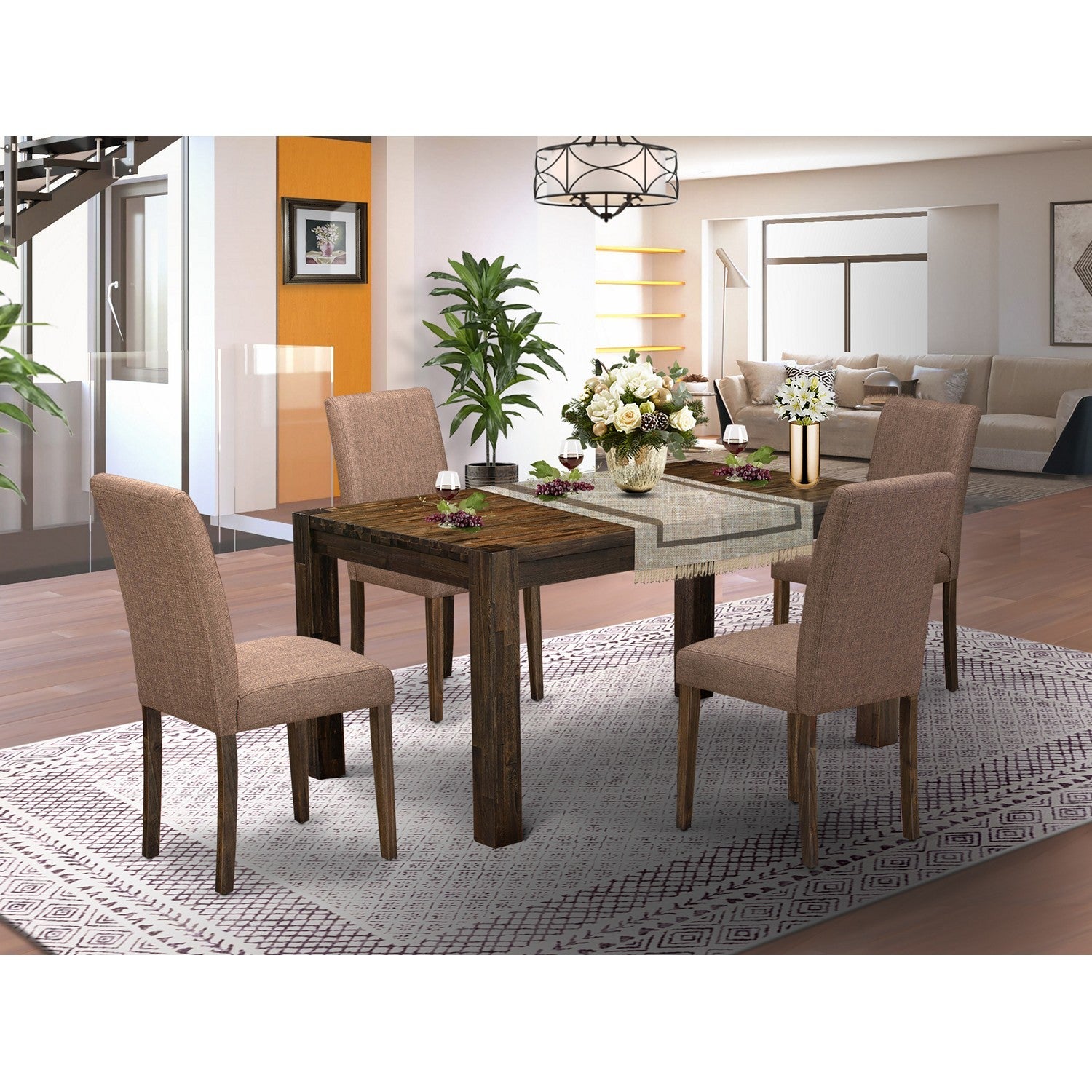 EAST WEST FURNITURE - CNAB5-77-47 - 5-Pc Dining Room Set- 4 Parson Dining Chairs and Kitchen Dining Table - Light Sable Linen Fabric Seat and Stylish Chair Back (Distressed Jacobean Finish)
