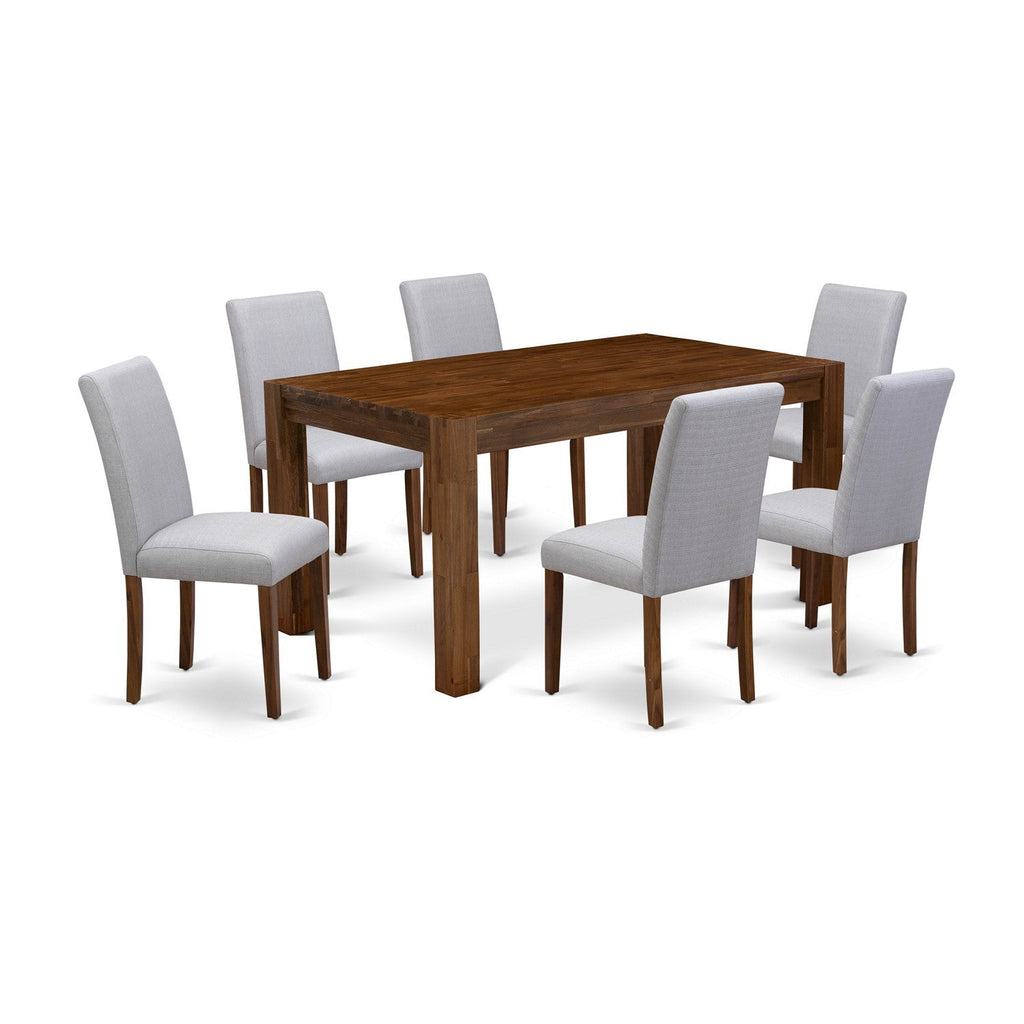 EAST WEST FURNITURE - CNAB7-N8-05 - 7-Pc Modern Dining Set- 6 Parson Dining Chairs and Modern Kitchen Table - Grey Linen Fabric Seat and High Chair Back (Antique Walnut Finish)