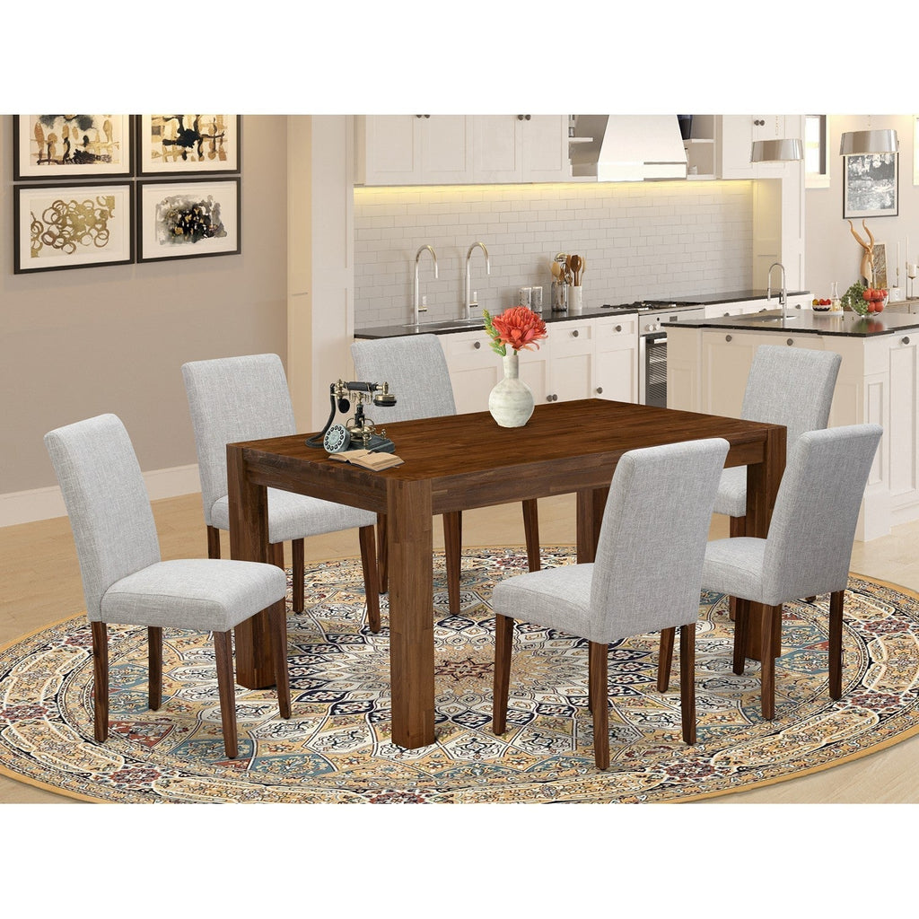 EAST WEST FURNITURE - CNAB7-NN-35 - 7-Pc Dining Room Set- 6 Dining Padded Chairs and dining table - Doeskin Linen Fabric Seat and High Chair Back (Antique Walnut Finish)