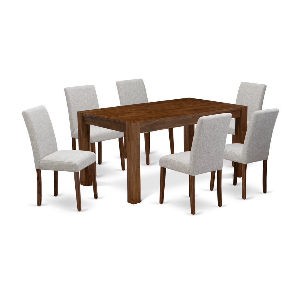 EAST WEST FURNITURE - CNAB7-NN-35 - 7-Pc Dining Room Set- 6 Dining Padded Chairs and dining table - Doeskin Linen Fabric Seat and High Chair Back (Antique Walnut Finish)
