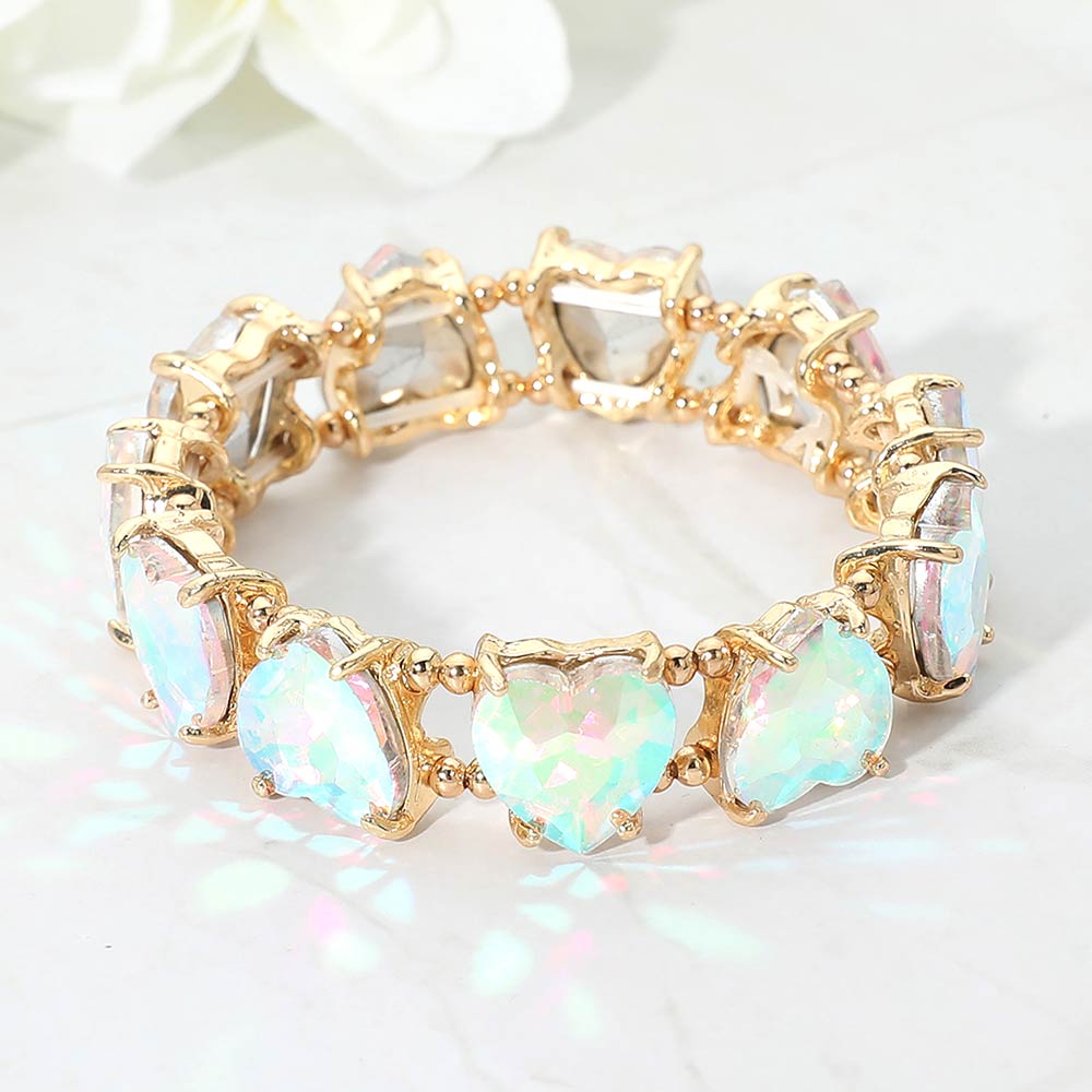 Heart Stone Cluster Beaded Stretch Evening Bracelet
