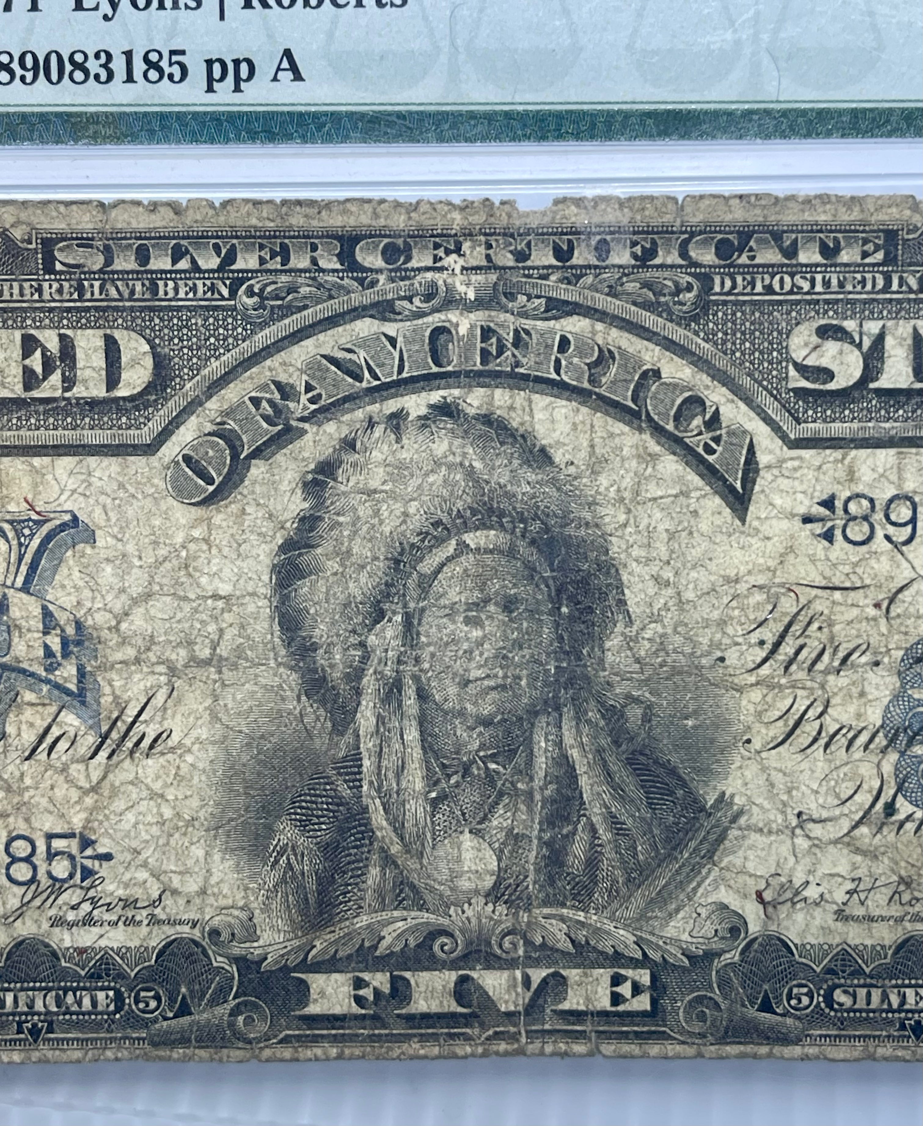1899 $5 Silver Certificate Chief PMG 8 NET Fr271 Lyons Roberts