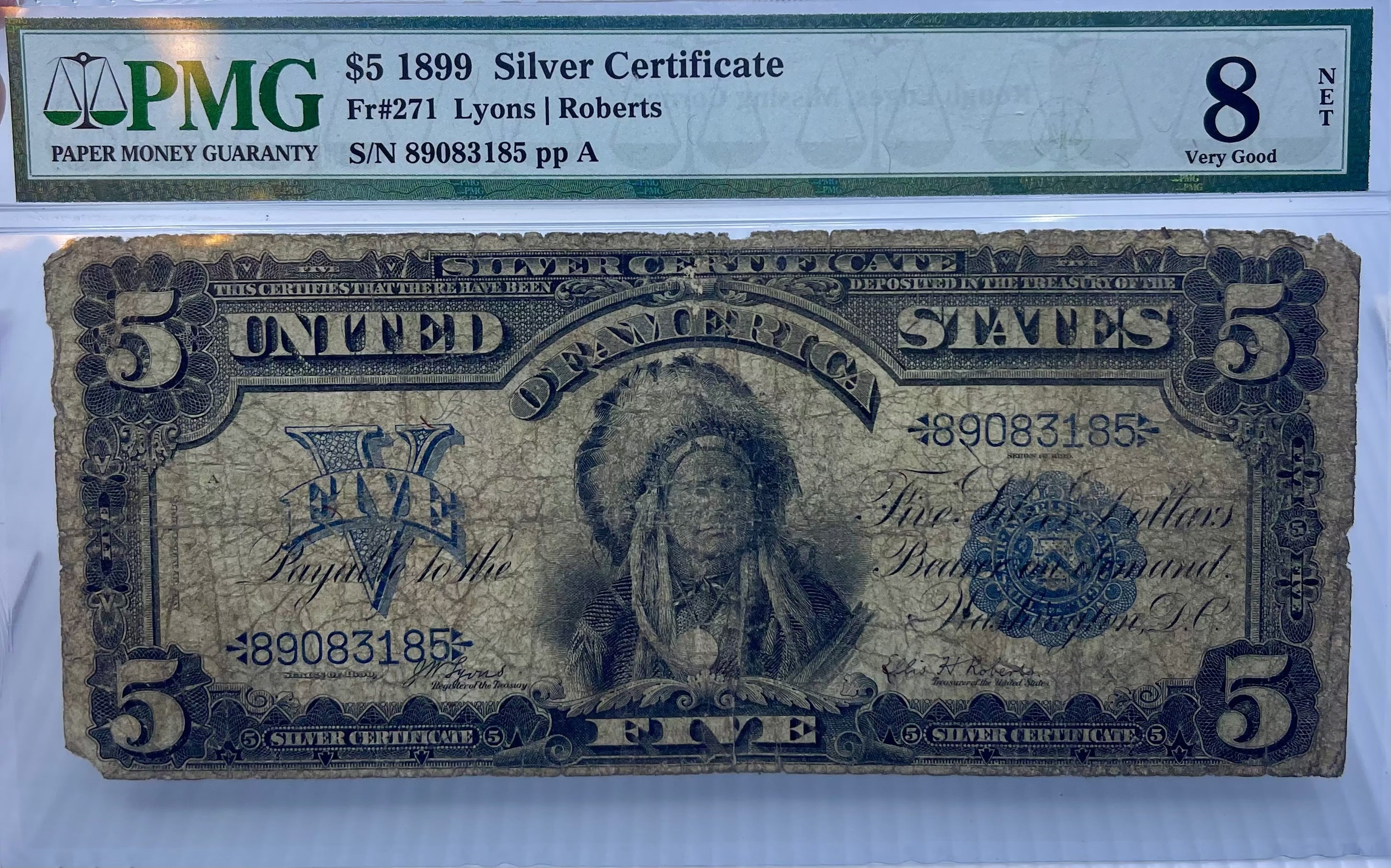 1899 $5 Silver Certificate Chief PMG 8 NET Fr271 Lyons Roberts