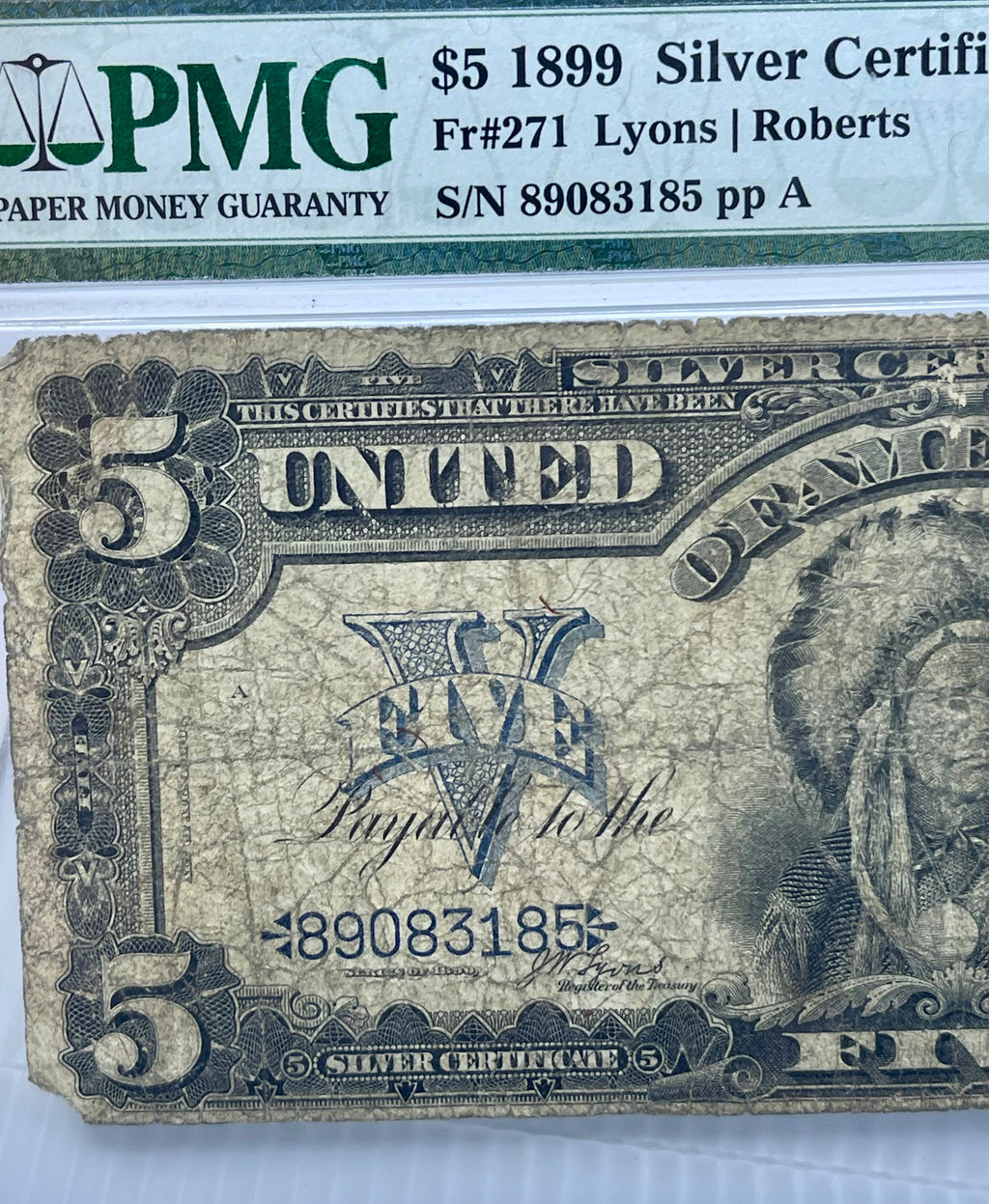 1899 $5 Silver Certificate Chief PMG 8 NET Fr271 Lyons Roberts