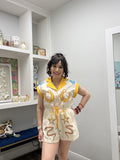 QOS Beige, Yellow & Blue Fringe Western Icon Romper