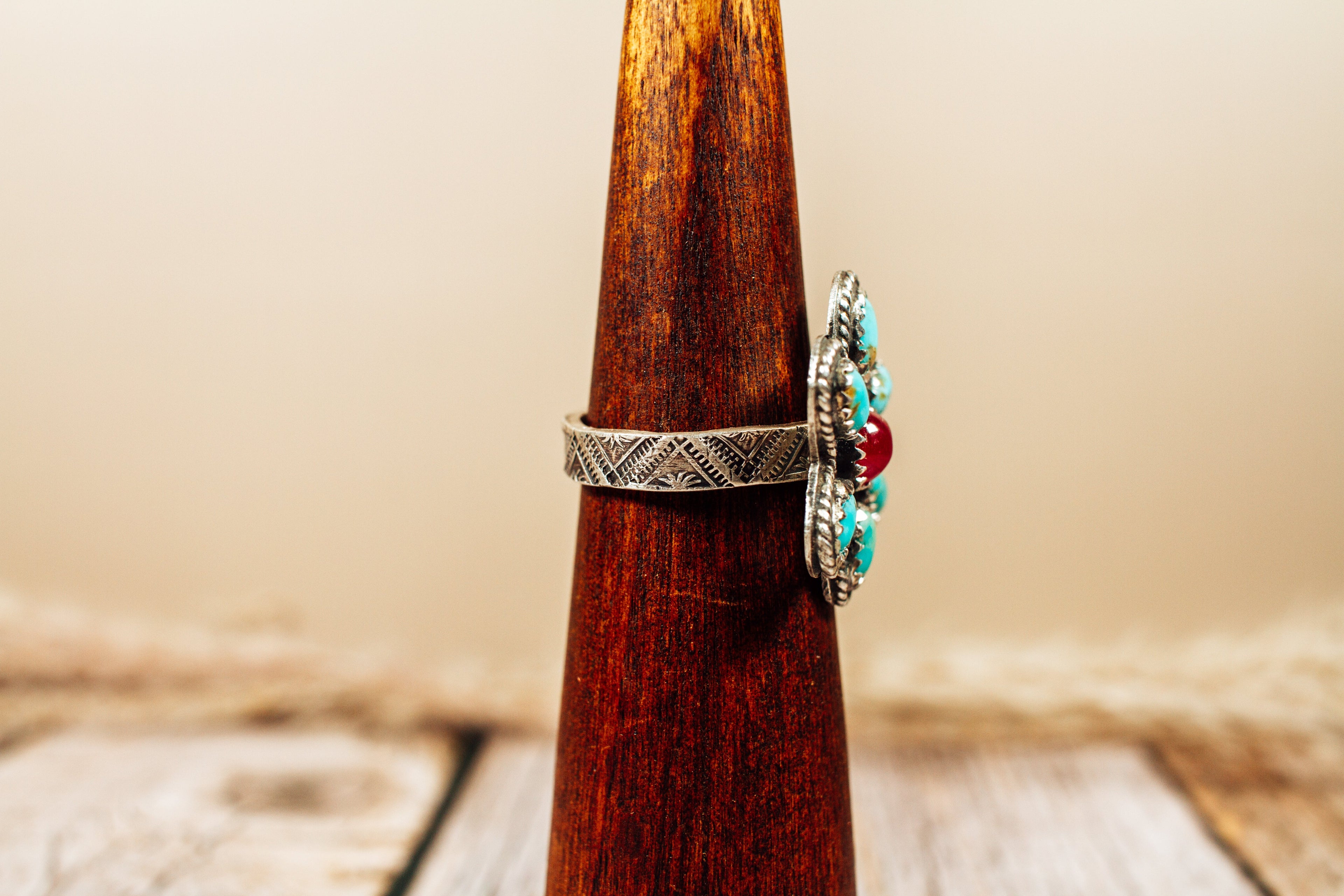 Handmade Ruby and Kingman Turquoise Sterling Silver Ring Size 8.5