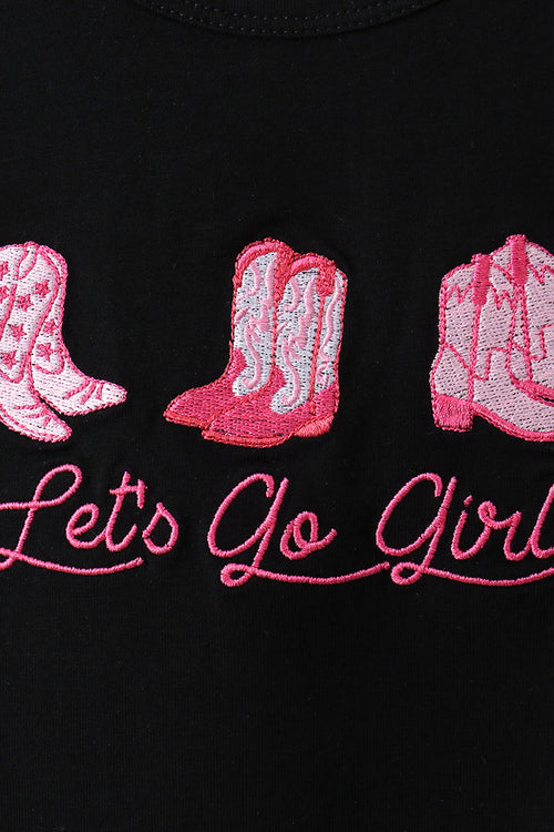Black let's go girl boots leopard ruffle shorts set