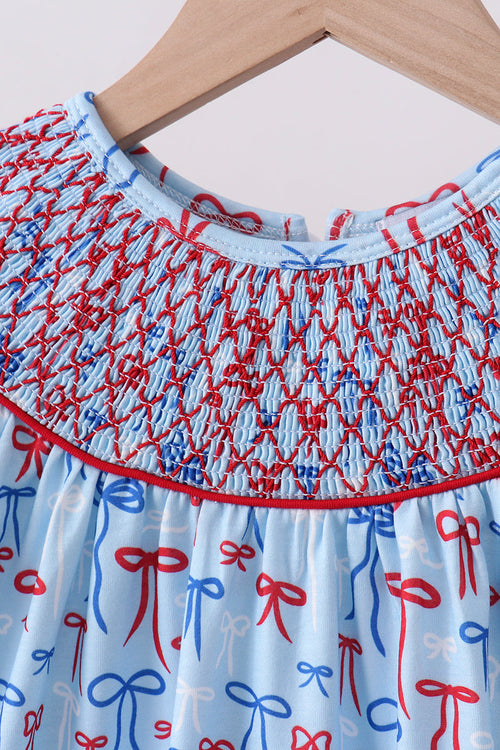 Blue bow smocked ruffle shorts set