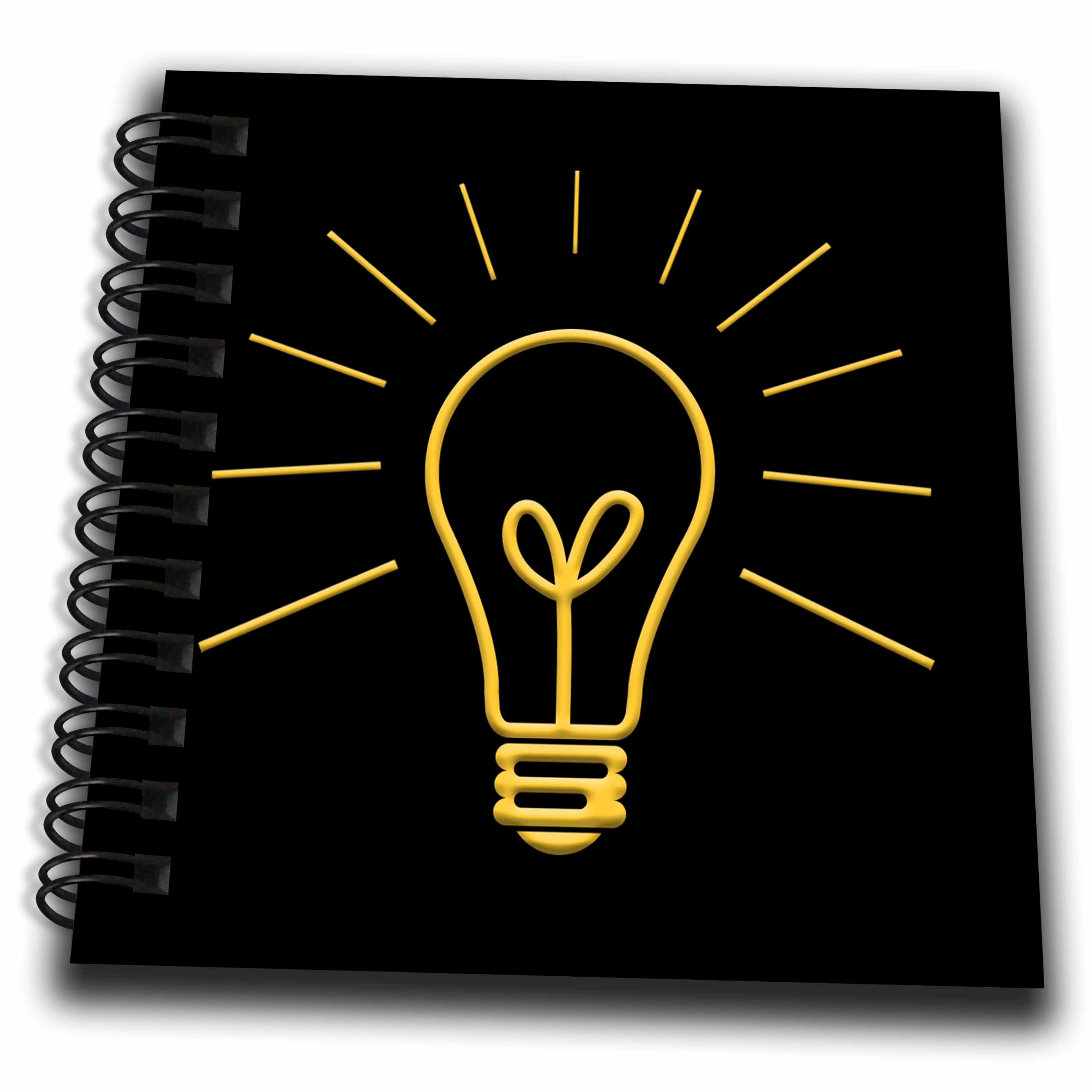 3dRose Shining Electric Bulb and Rays of Light. Yellow on Black. Funny... - Drawing Books (db_346109)