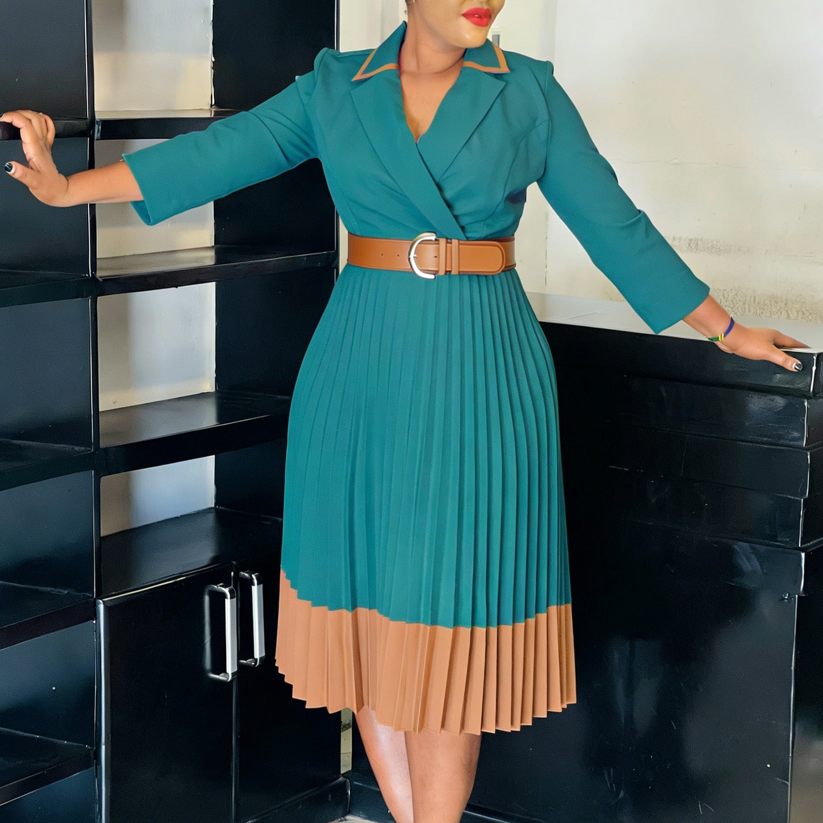 Women Clothing Winter Elegant Elegant Blazers Collar Color Matching Pleated Dress