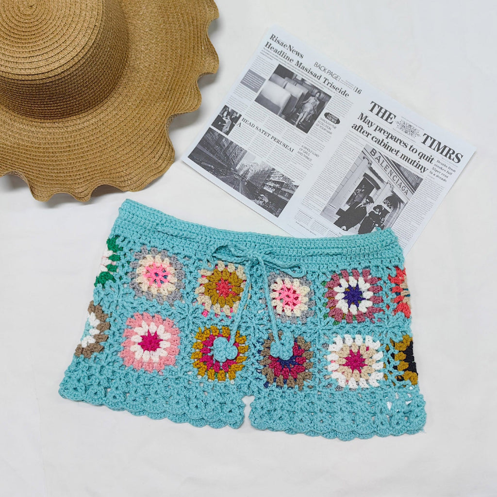 Beach Shorts Women Clothing Color Random Hand Hook Floral Block Stitching Grandmother Plaid Hip Pants