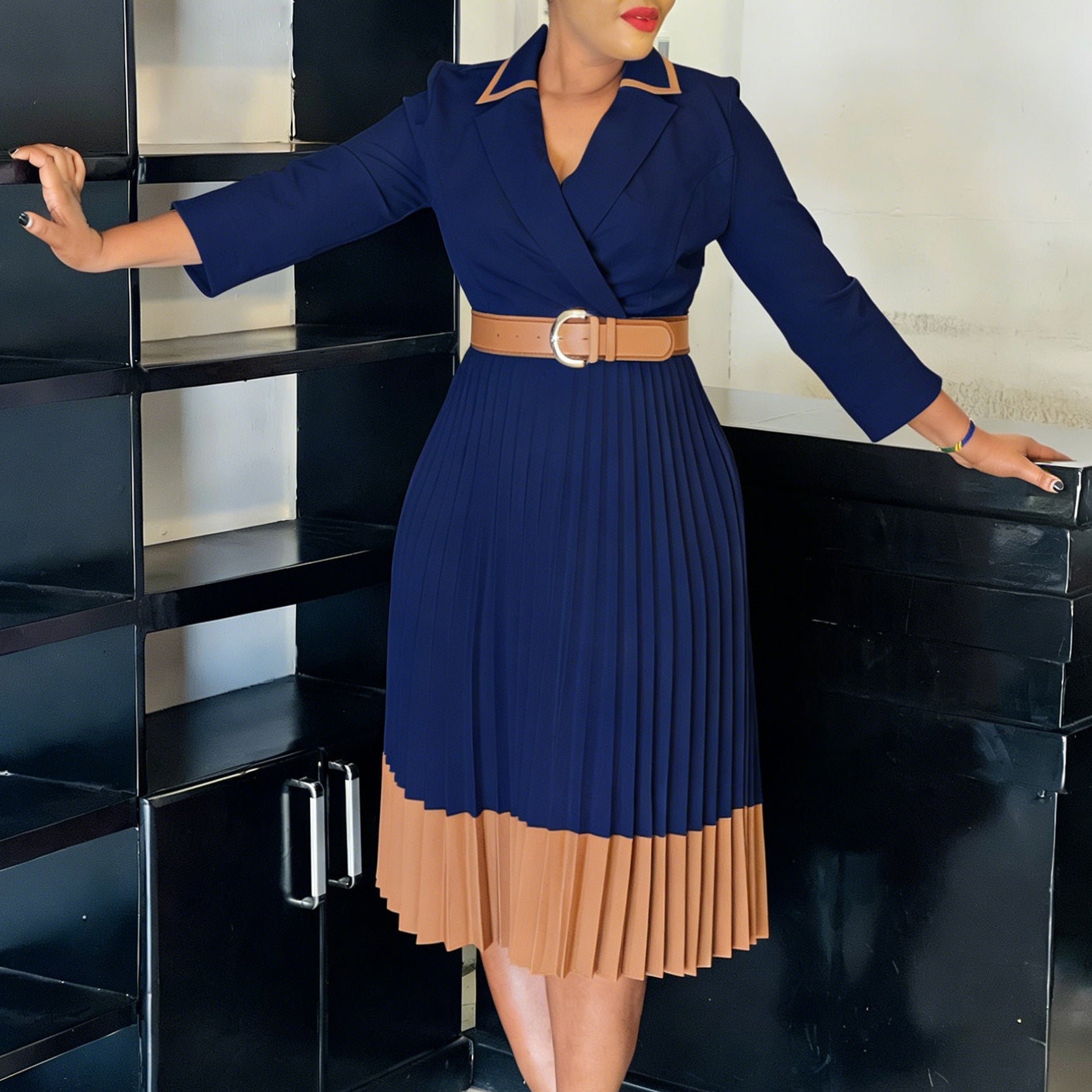 Women Clothing Winter Elegant Elegant Blazers Collar Color Matching Pleated Dress
