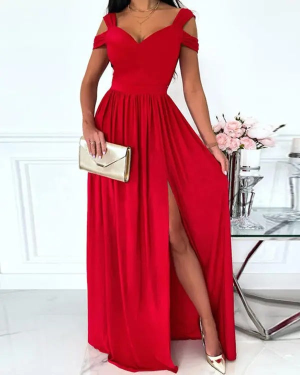 Women Clothing Maxi Dress Printed V neck Elegance Sleeveless Sexy Slit Dress