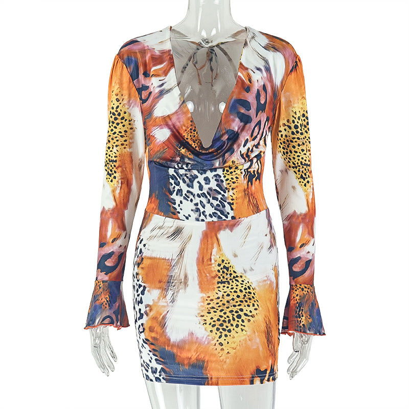 Printed Special Women Clothing Fitted Waist Pleated Hip Dress Swing Collar Long Sleeve Street Sexy Dress