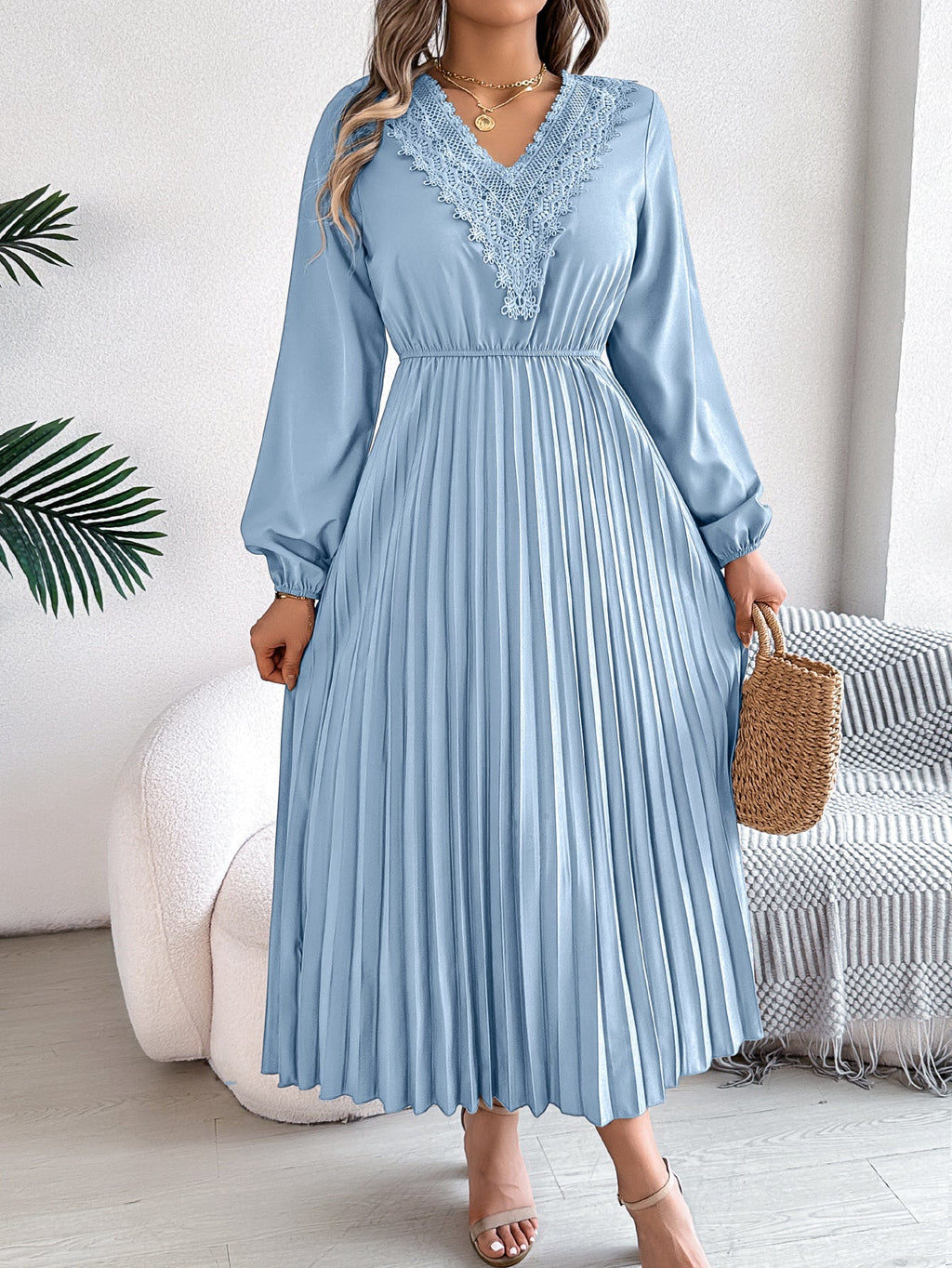 Spring Summer Elegant V neck Lace Cinched Pleated Maxi Dress Women Clothing