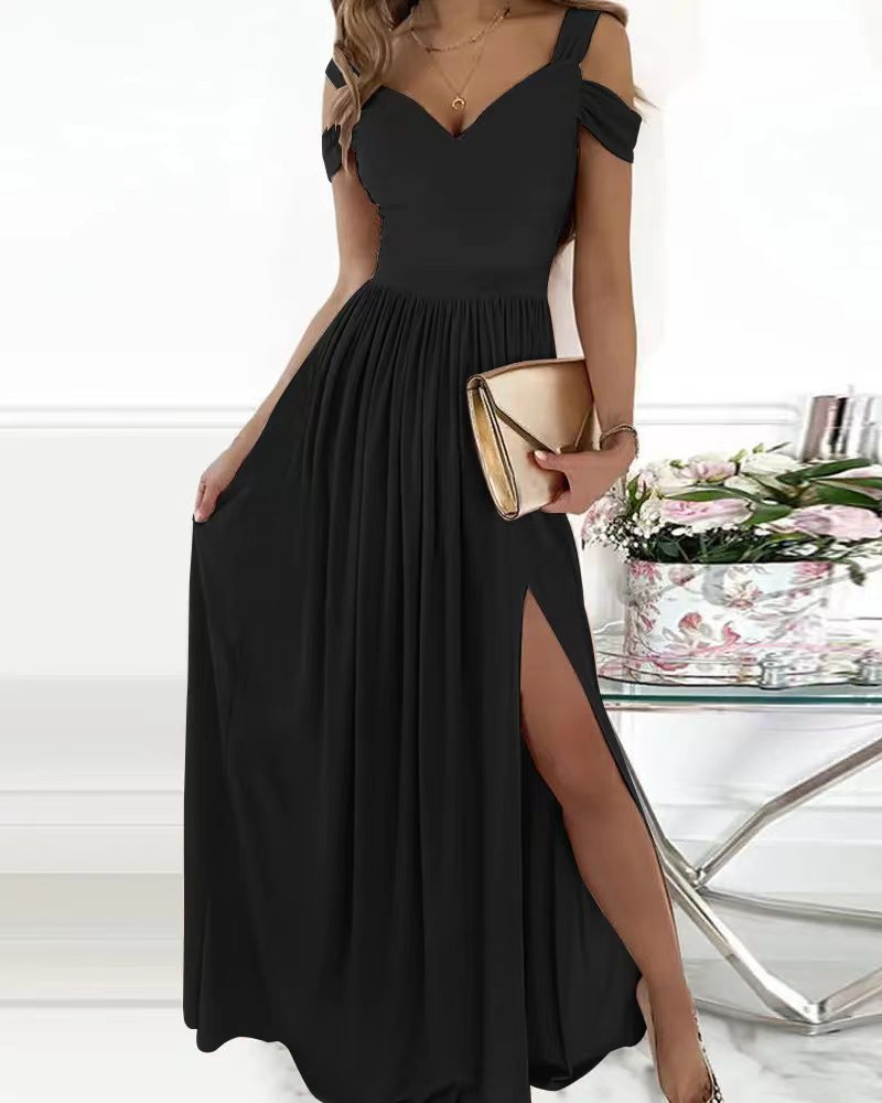 Women Clothing Maxi Dress Printed V neck Elegance Sleeveless Sexy Slit Dress