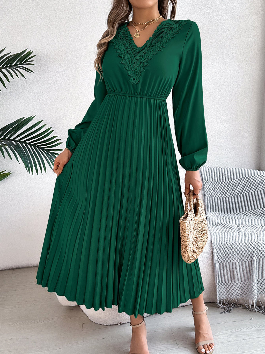 Spring Summer Elegant V neck Lace Cinched Pleated Maxi Dress Women Clothing