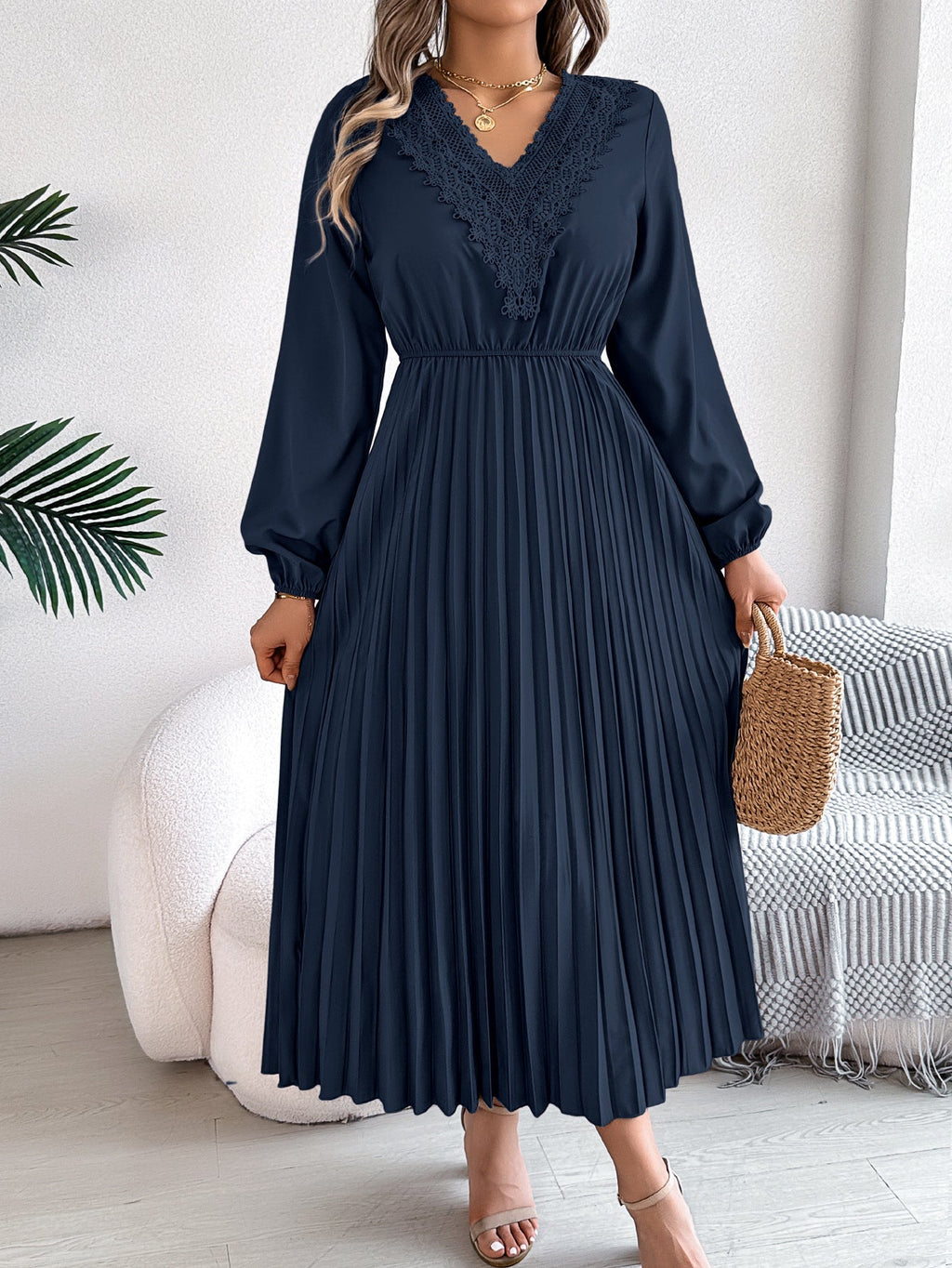 Spring Summer Elegant V neck Lace Cinched Pleated Maxi Dress Women Clothing
