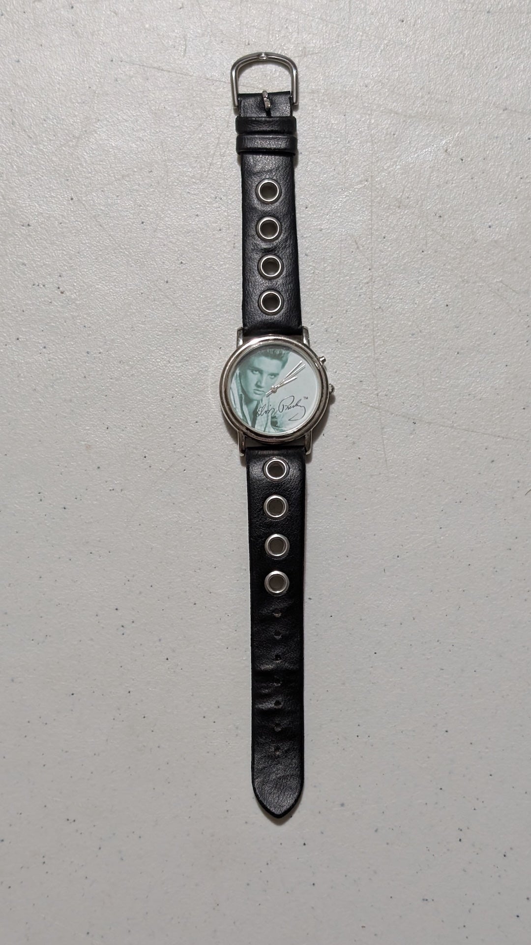 Elvis Presley Wristwatch from Unknown - 1990s Accessory (Metal, Leather, Glass Watch, Fashion, Music Memorabilia, Silver, Black, Collectable, Vintage, Original)