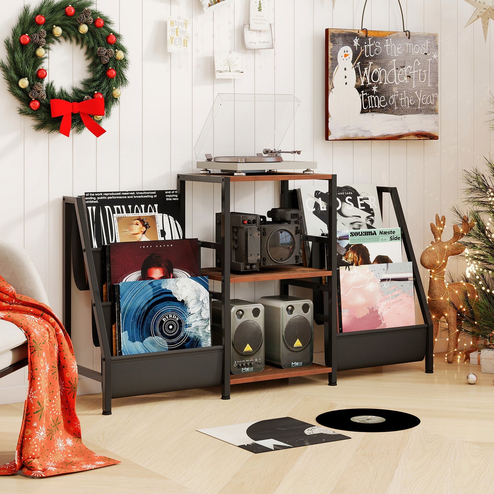 Record Player Stand for up to 200 Albums Turntable Display Stand with 3 Shelves