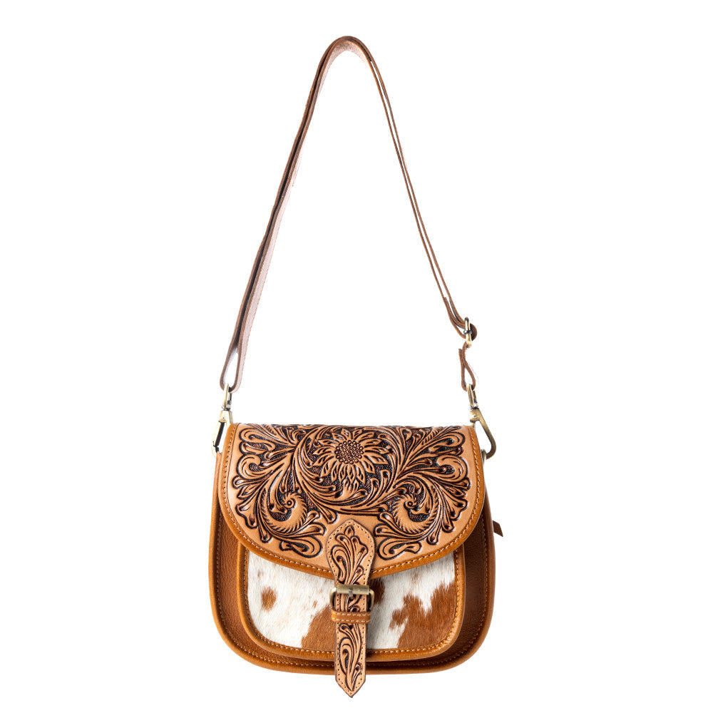 Myra Goldrush Saddle handtooled Bag for Women in saddle tan with hair-on detail