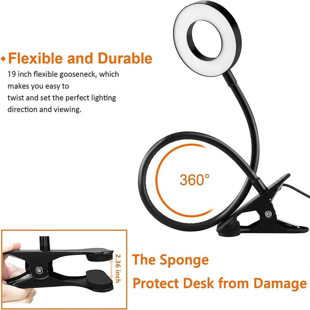 48 LEDs Desk Lamp Clip USB Book Light Bedside 360° Flexible Eye Protection Gooseneck Reading Light Brightness Adjustable 3 Leve