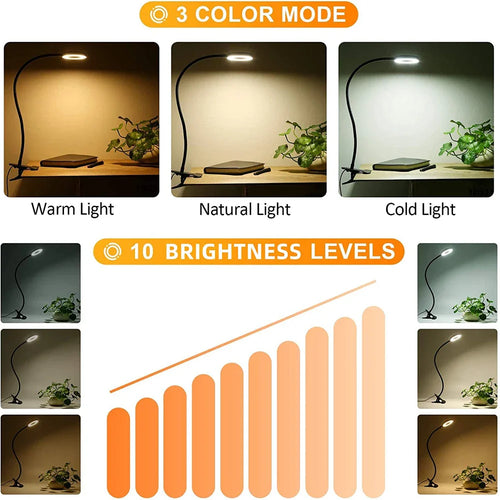 48 LEDs Desk Lamp Clip USB Book Light Bedside 360° Flexible Eye Protection Gooseneck Reading Light Brightness Adjustable 3 Leve