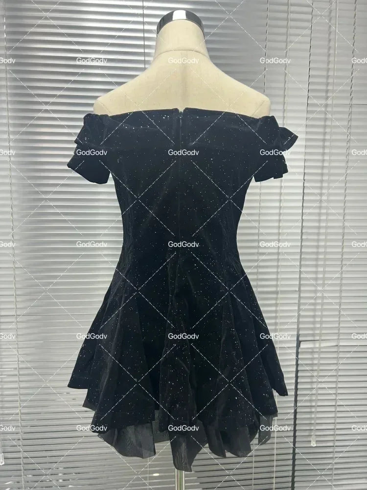 Black French Vintage Elegant Design Woman Dress Gothic Off Shoulder Retro Mini Dress Female Fairy Birthday Party Chic Outfits