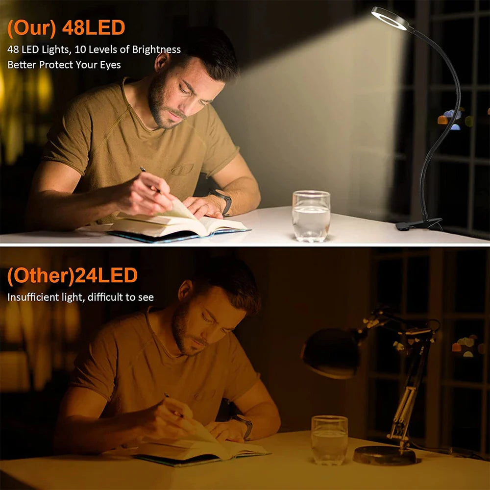 48 LEDs Desk Lamp Clip USB Book Light Bedside 360° Flexible Eye Protection Gooseneck Reading Light Brightness Adjustable 3 Leve