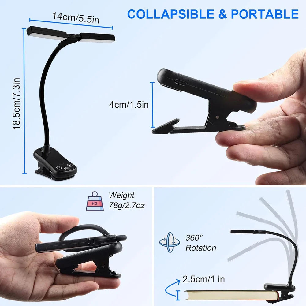New 3 Colors 8 Brightness 14 LED Clip On Book Light Usb Rechargeable Night Light Portable Reading Light Book Lamp Mini Desk Lamp