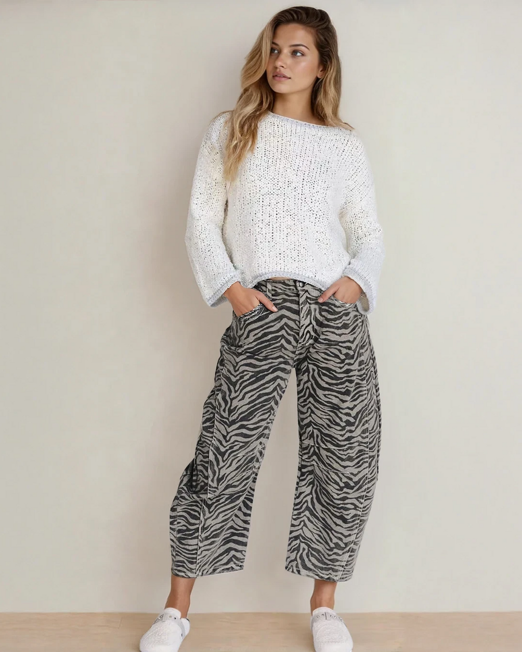 Hailey Zebra Stripe Printed Wide Leg Jeans