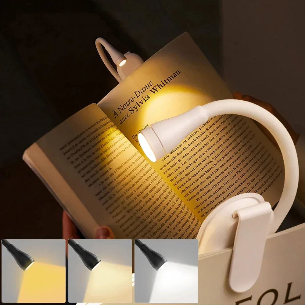 Rechargeable 3-Color Mini LED Book Light | 360° Adjustable Clip Eye Protection Reading Lamp