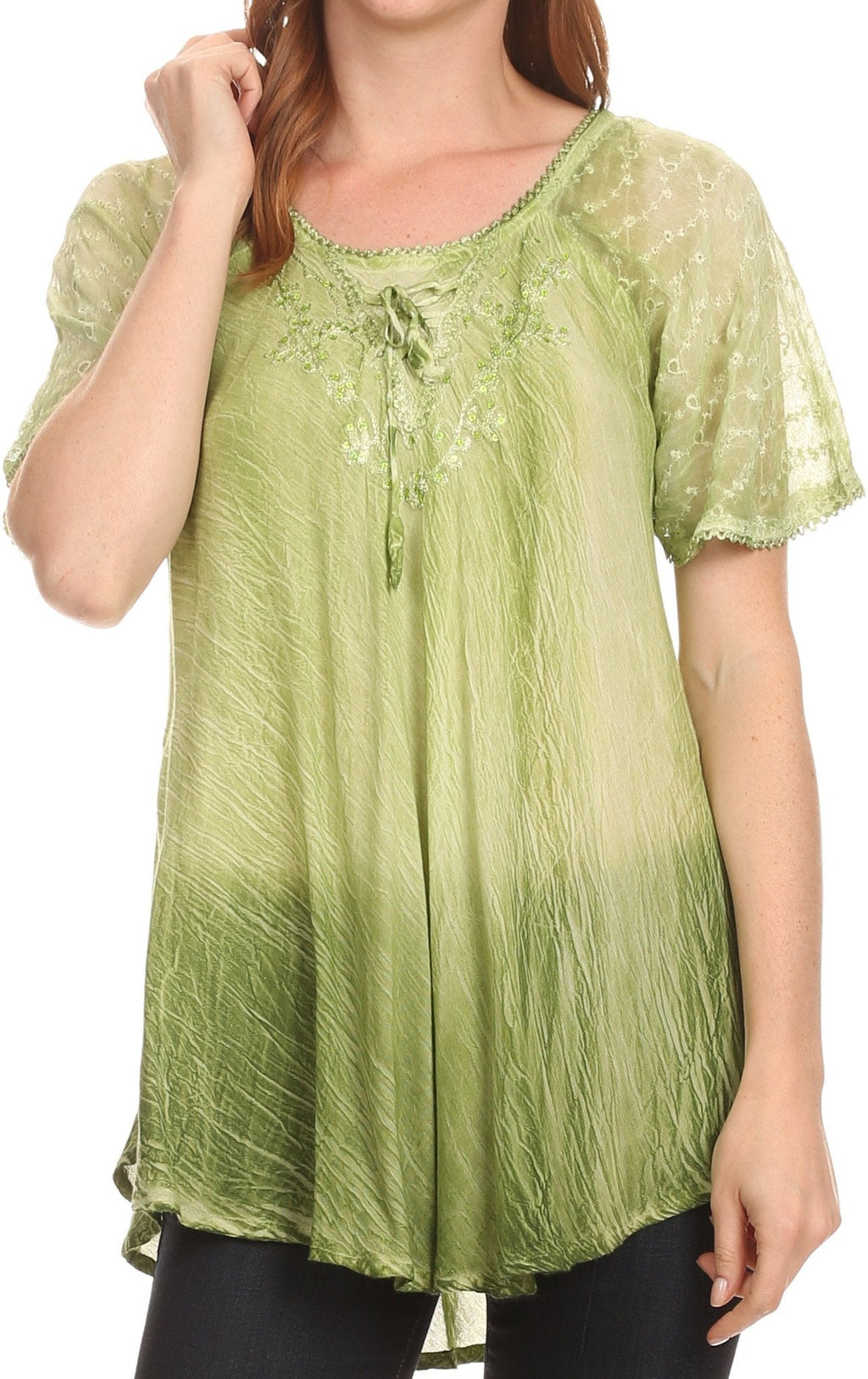 Sakkas Vilma Long Blouse With Embroidery Lace Cap Sleeves And Corset Enclosure