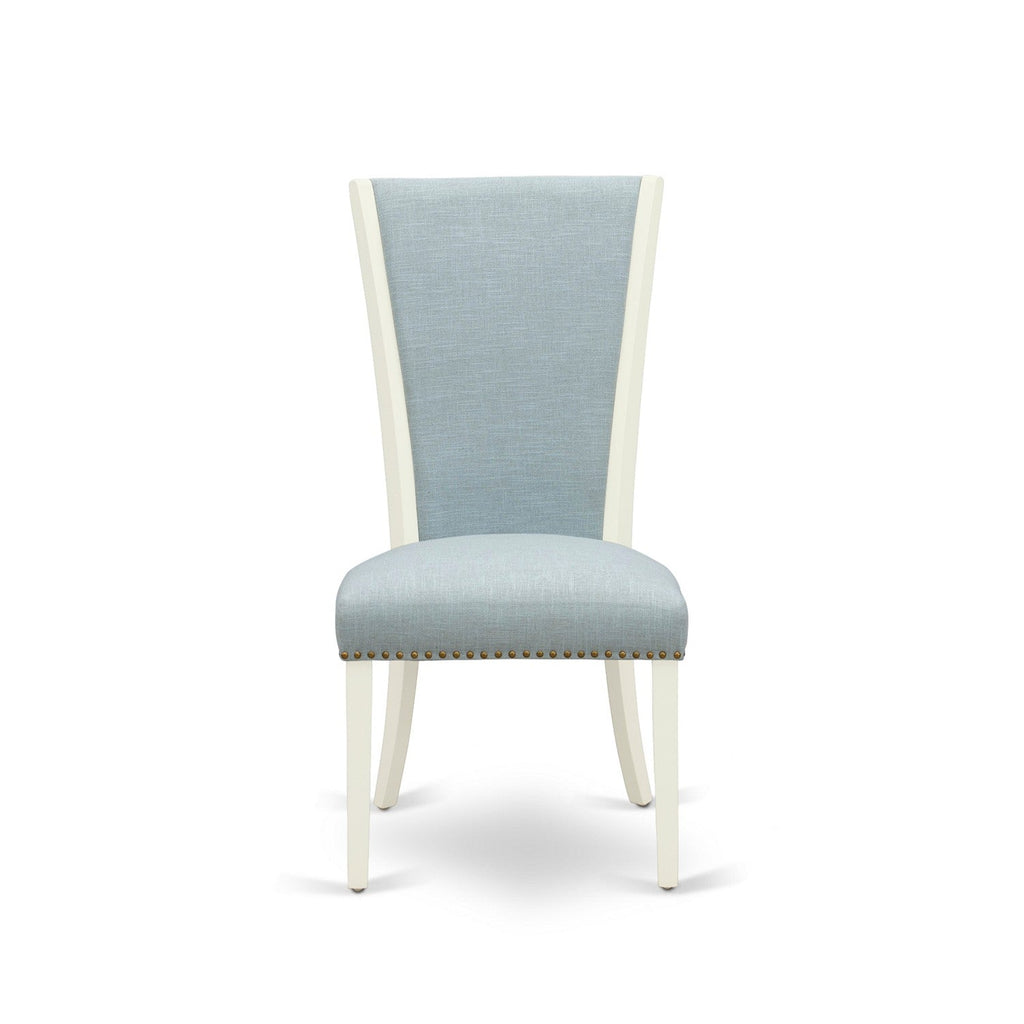 EAST WEST FURNITURE - BOVE5-WHI-15 - 5 Pc Modern Dining Table Set - 4 Baby Blue Linen Fabric Mid Century Dining Chairs with High Back and 1 Modern Dining Table - linen white Finish