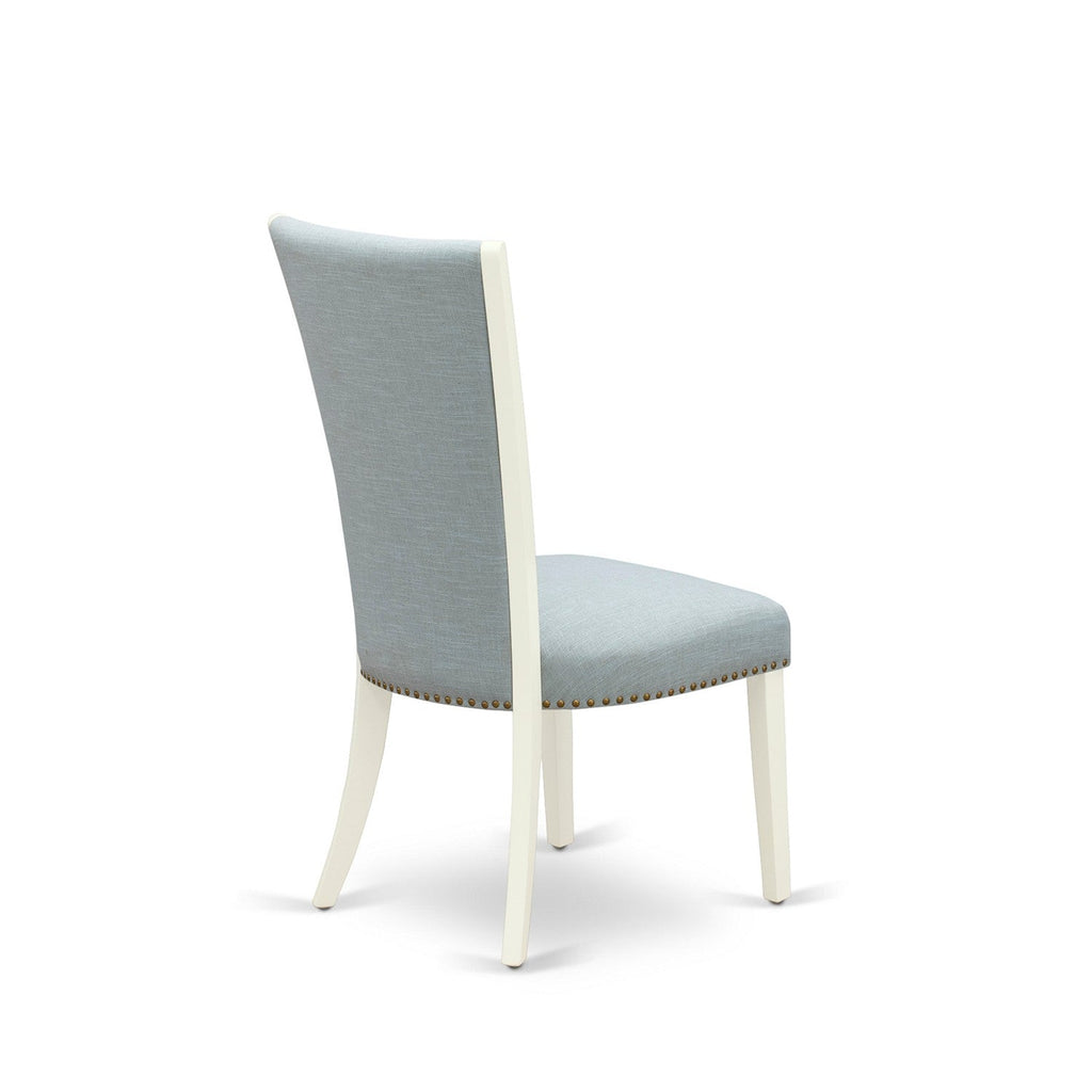 EAST WEST FURNITURE - BOVE5-WHI-15 - 5 Pc Modern Dining Table Set - 4 Baby Blue Linen Fabric Mid Century Dining Chairs with High Back and 1 Modern Dining Table - linen white Finish