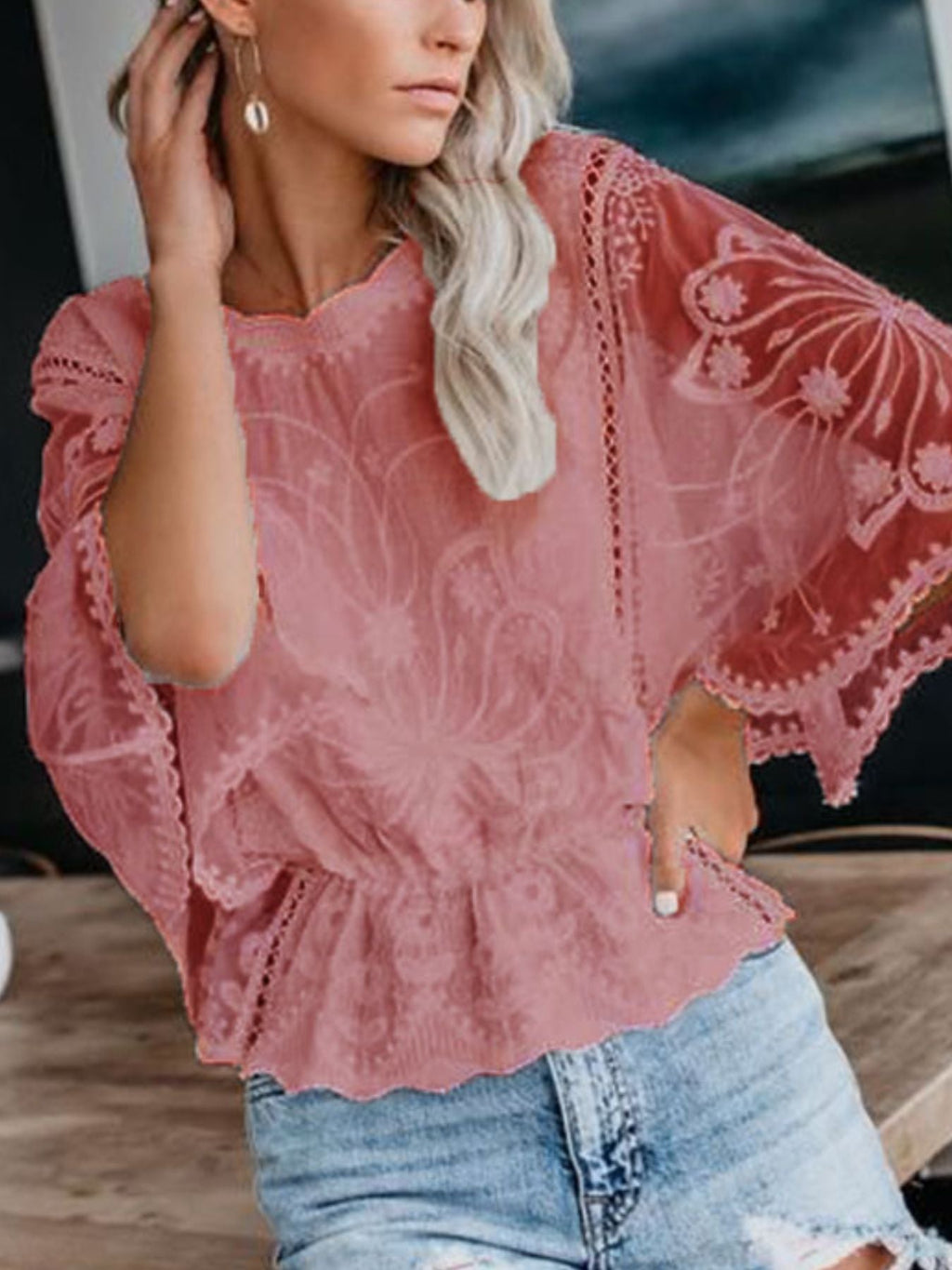 Lace Sheer Sleeve Blouse