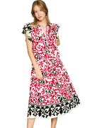 Printed Ruffled Cap Sleeve Midi Dress