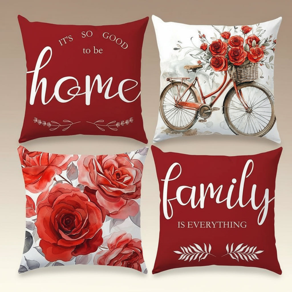 4Pcs, Contemporary Style Throw Pillow Covers, Red Floral & Bicycle Watercolor Design, Decorative Cushion Cases for Living Room Sofa & Bedroom - Home Series, Single Sided Printing, No Pillow Core