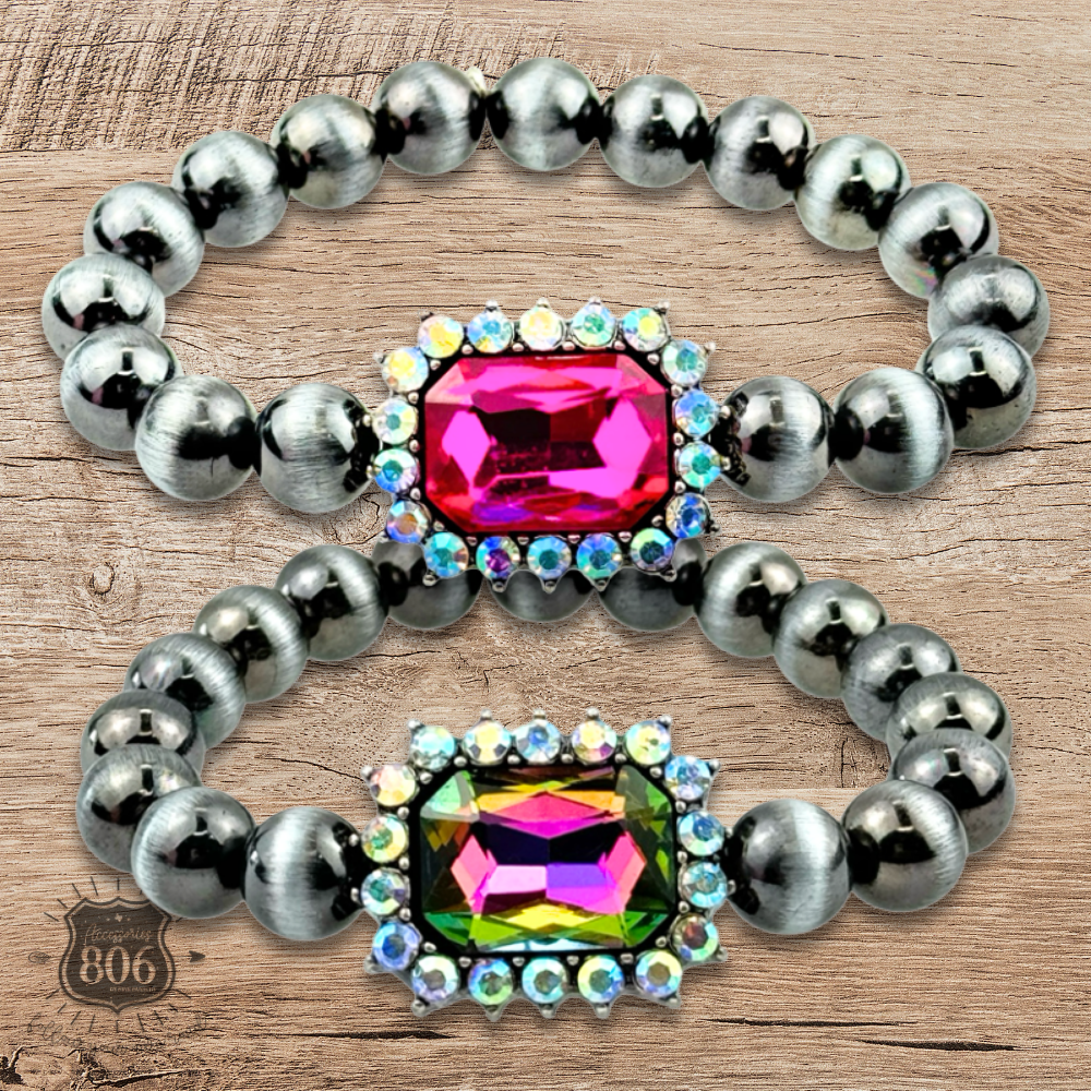 Navajo style burnished beaded bracelet, rhinestone charm