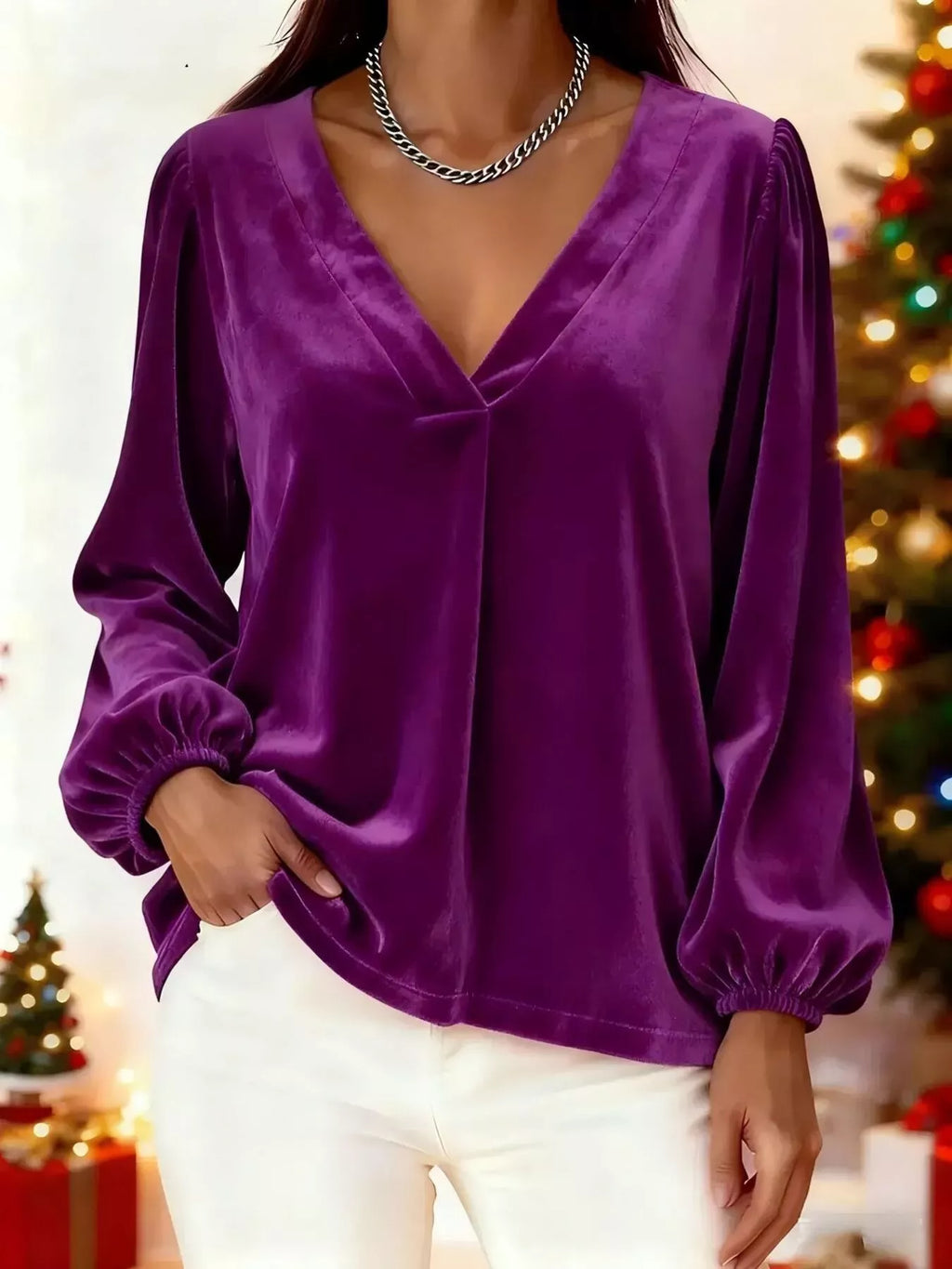 Full Size Velvet V-Neck Long Sleeve Blouse Plus Size