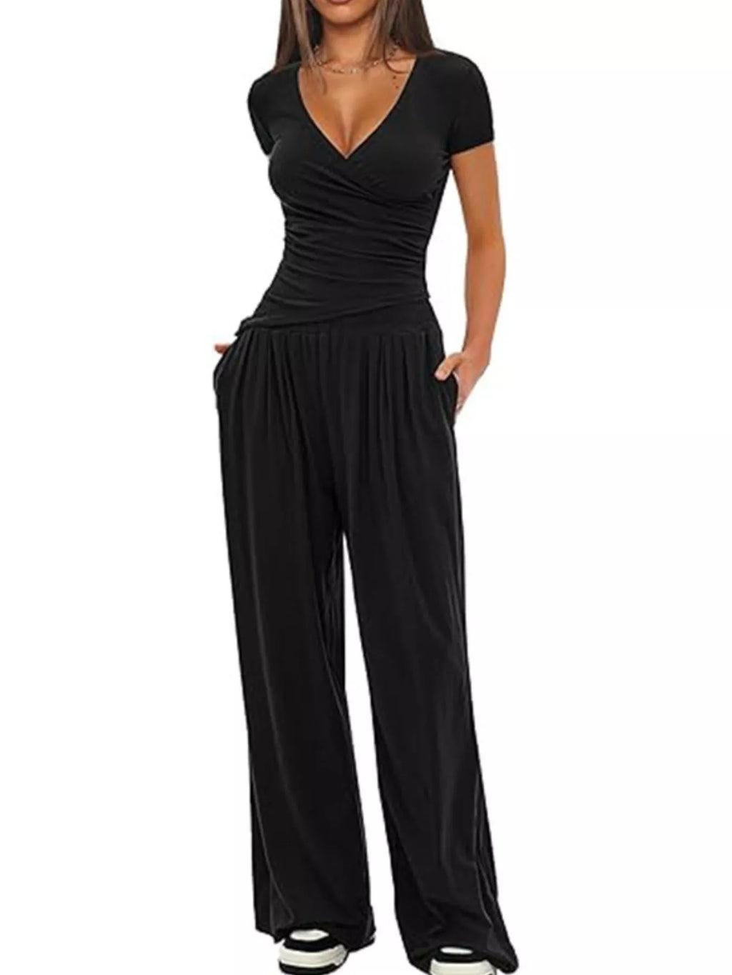 Surplice Short Sleeve Top and Pants Set